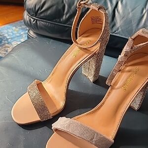 Shoe Dazzle Rose Gold Glitter Block-Heel Ankle-Strap Sandals